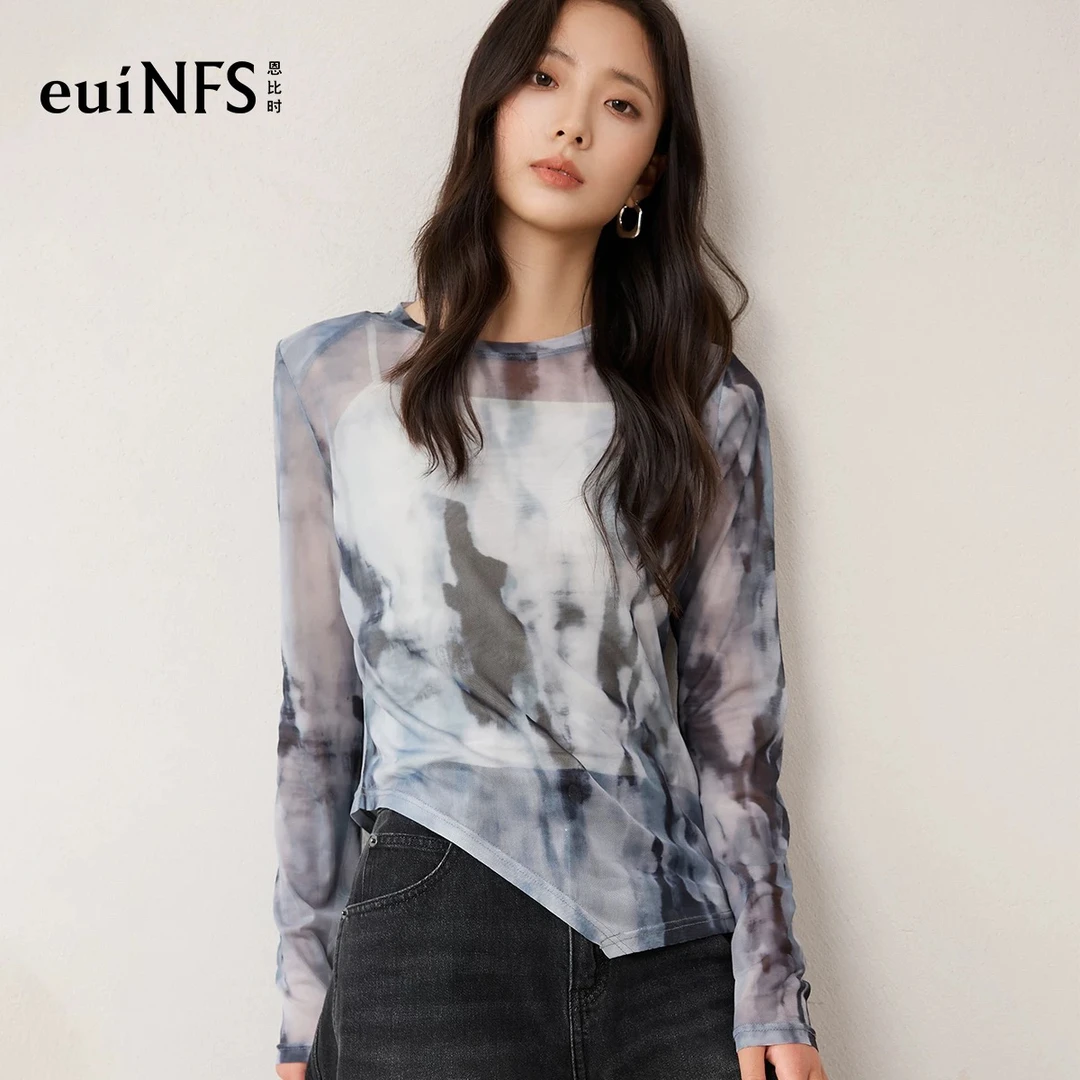 恩比时水墨画晕染印花长袖T恤2025夏季新款花色气质圆领洋气上衣