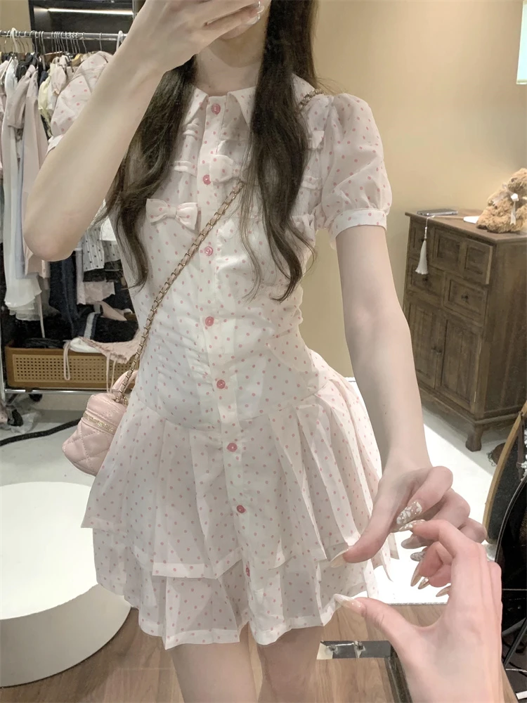 法式甜美风波点衬衫连衣裙女夏季新款设计感蝴蝶结绑带收腰短裙子