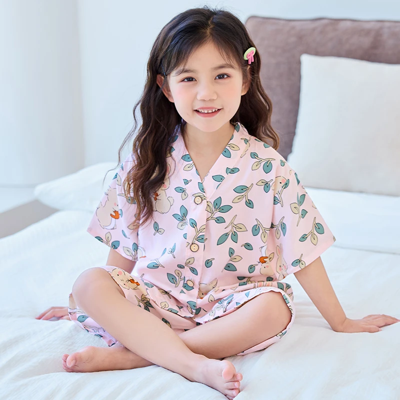 女孩夏季男童短袖空调服家居服儿童宝宝女童薄款棉绸睡衣套装
