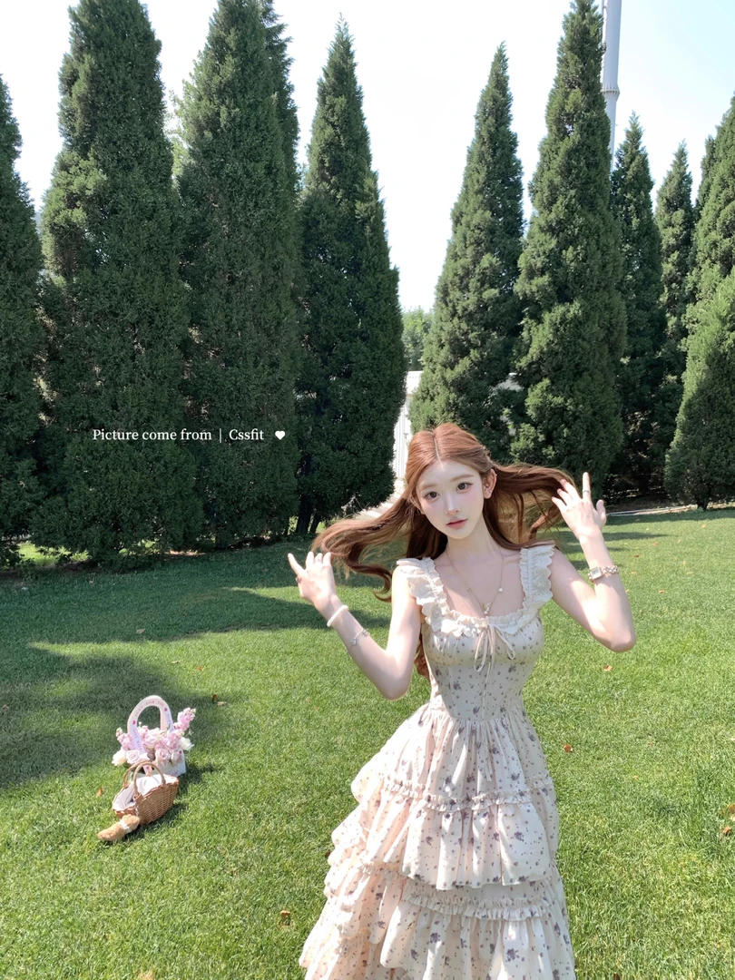 泰兰德vintage 法式复古气质层叠花边系带碎花连衣裙收腰显瘦长裙