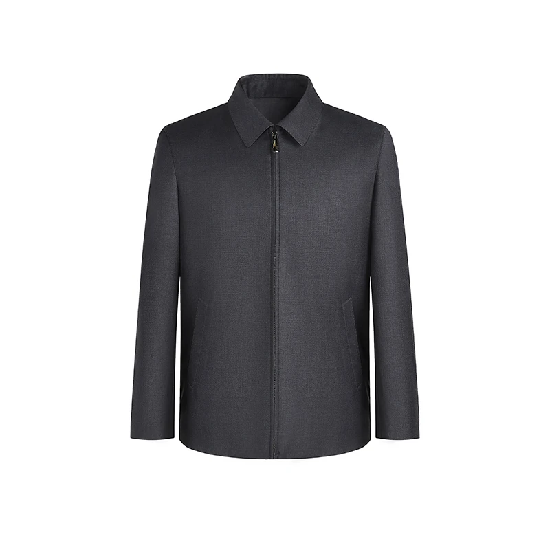 【100%精纺羊毛】深灰色翻领男士精纺全羊毛商务行政精纺夹克短款