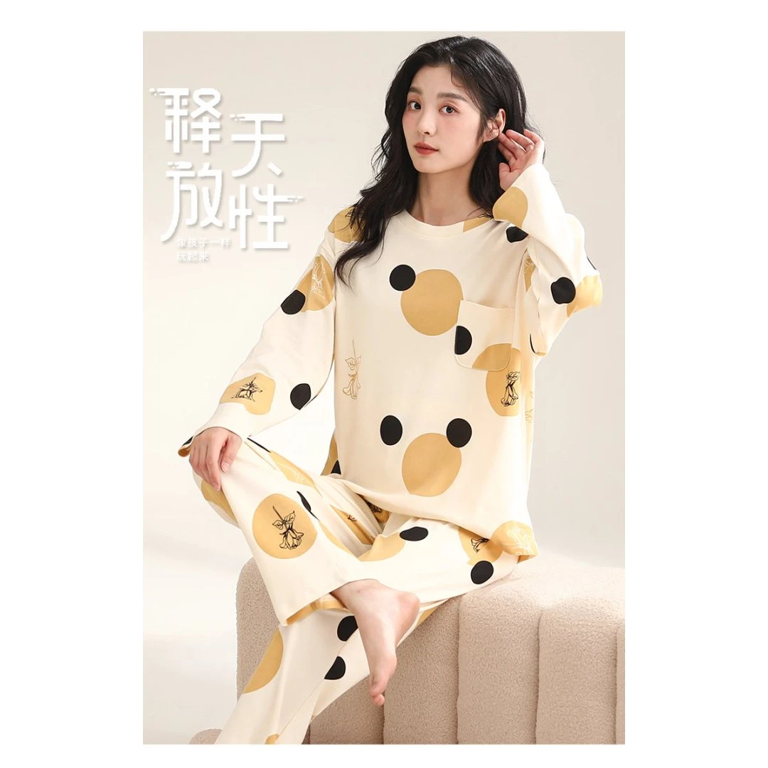 【雅】纯棉女圆领长袖睡衣套装9309