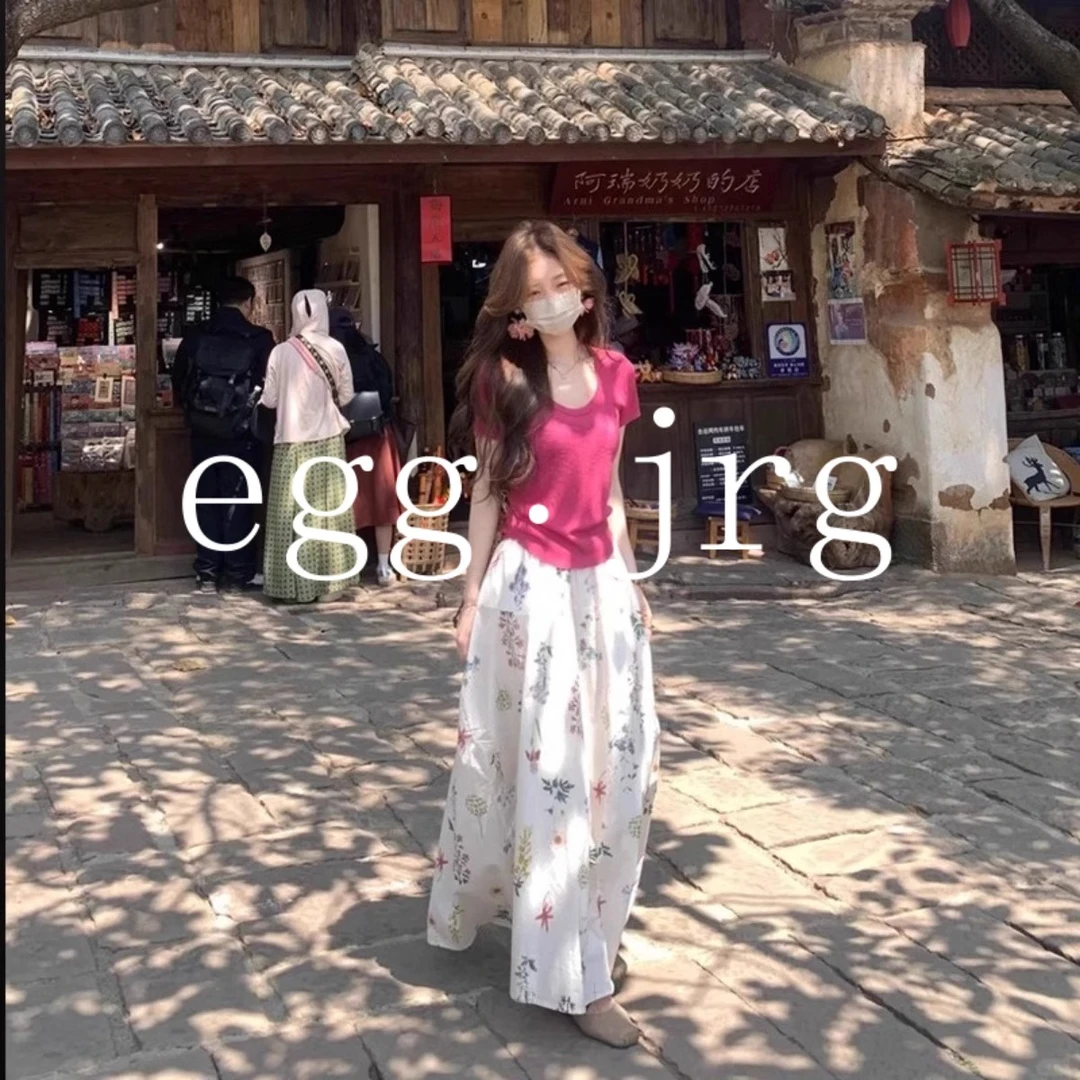 韩国EGG JRG⭐韩系穿搭多巴胺度假针织短袖显瘦碎花半身裙子套装
