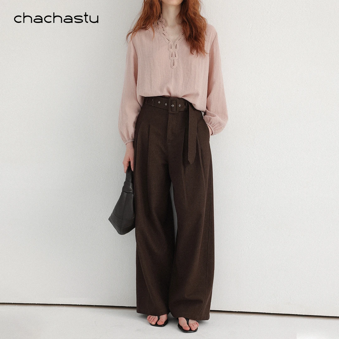 CHACHASTU 气质简约高腰直筒阔腿裤款宽松显瘦褶皱休闲裤K14