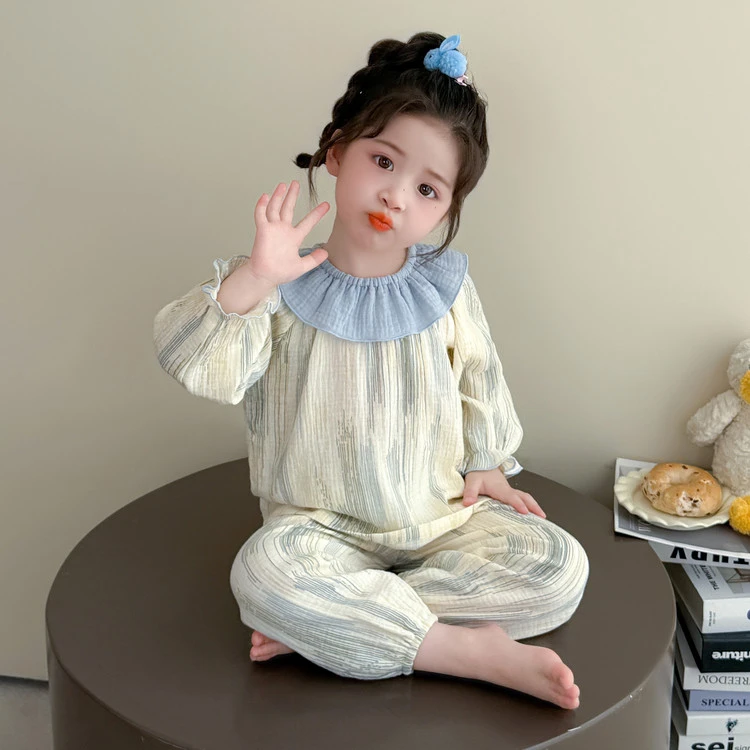 软绵绵小月龄儿童睡衣套装春秋装a类纯棉小童女孩宝宝纱布家居服