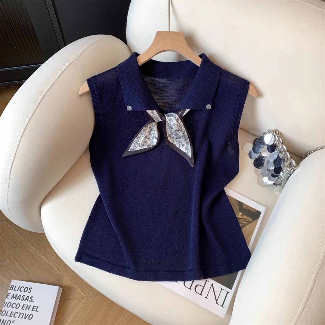 Polo领无袖背心女夏季新款休闲气质宽松显瘦配丝巾洋气针织衫女装