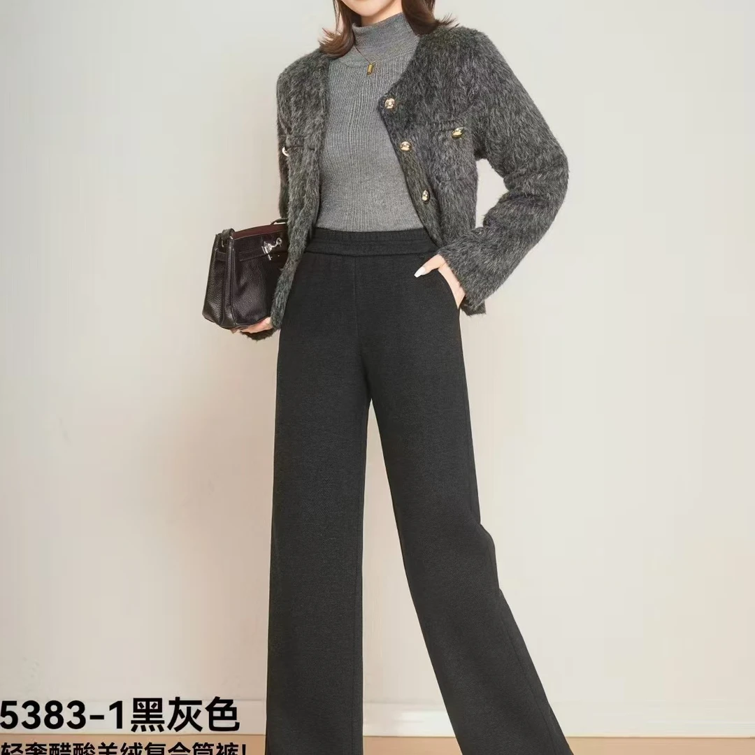 冬季加绒加厚高腰窄版直筒裤休闲百搭显瘦毛呢女裤