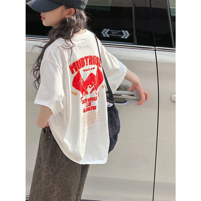 K28453字母印花女童短袖T恤2025新款夏装儿童上衣女大童休闲半袖t