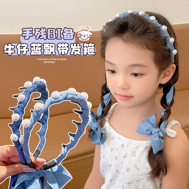 儿童发箍女童2025新款牛仔蓝飘带发卡小女孩头饰发饰不伤发头箍