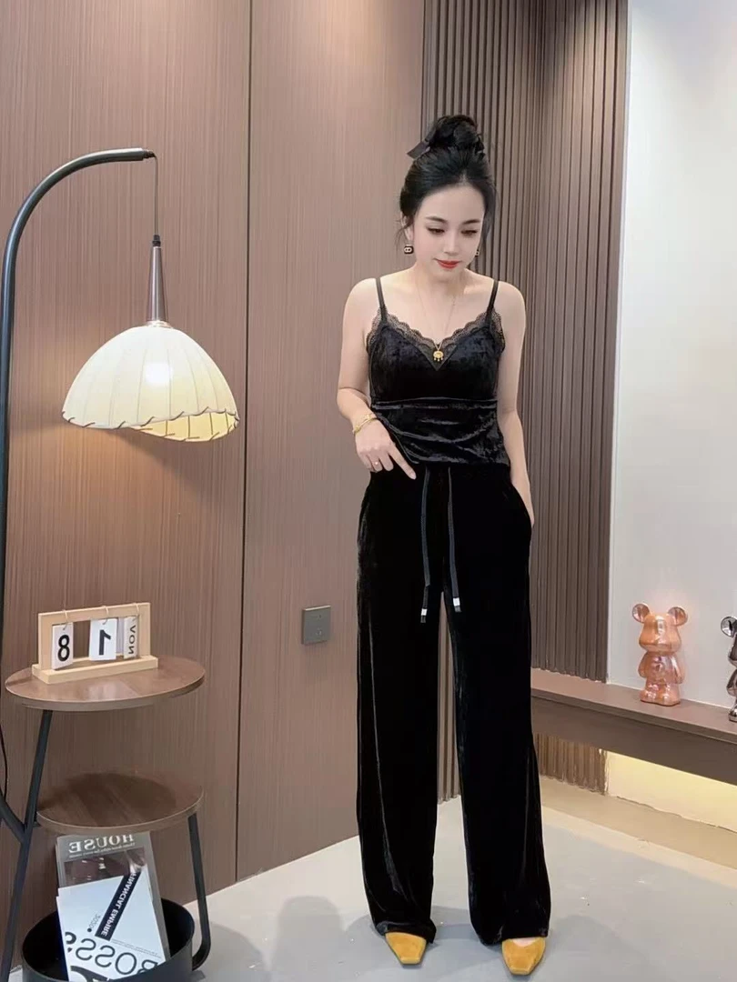 松紧直筒裤长裤微喇裤休闲裤阔腿裤时尚黑色重工拖地裤163显瘦