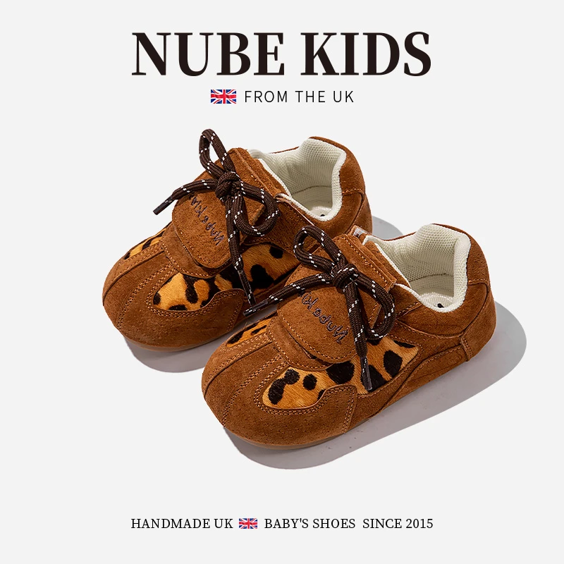 NUBEKIDS真皮女童学步鞋秋冬季新款小童宝宝豹纹运动板鞋25A3502