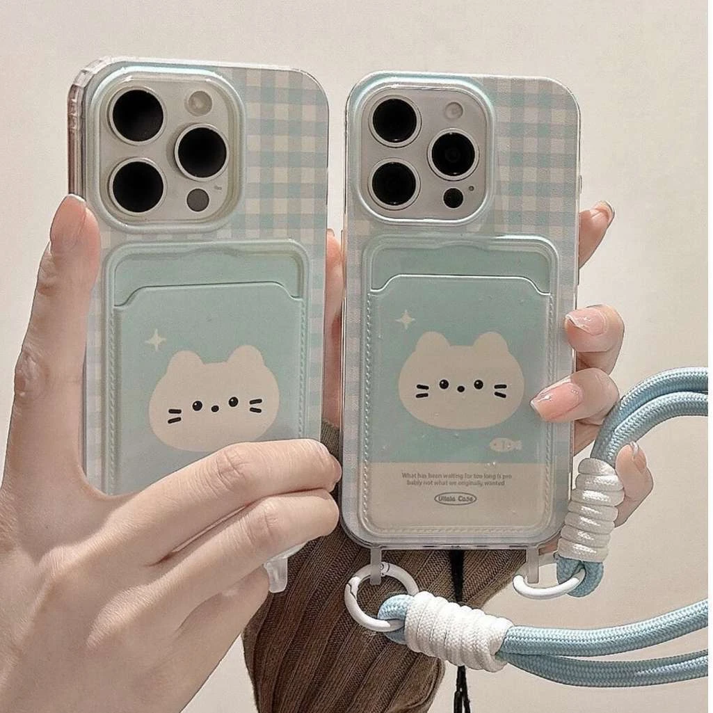 格纹小猫头像适用苹果16promax卡包手机壳iPhone15软胶14/13挂绳
