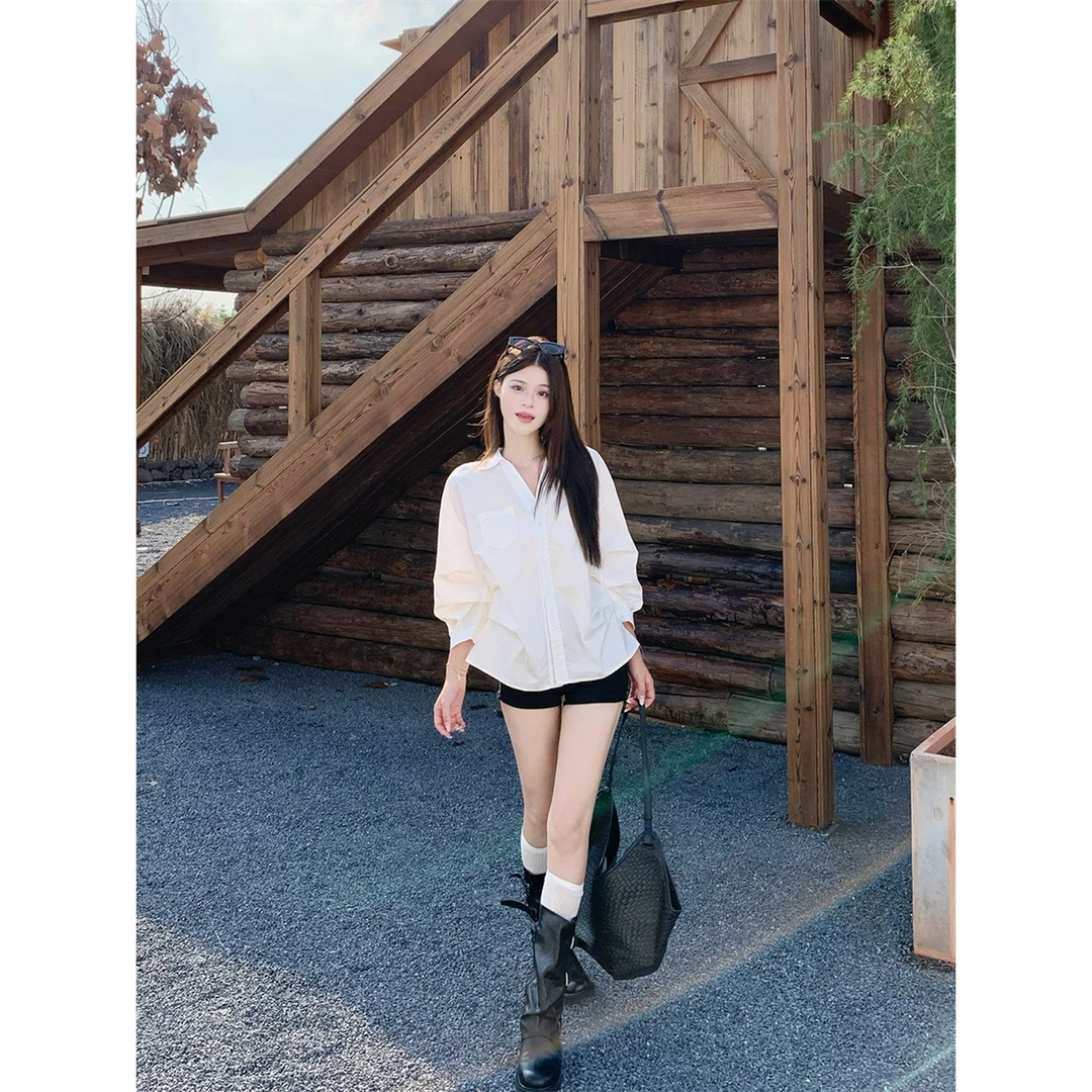 会凹造型的 白色衬衫女春秋2025新款宽松法式百搭气质慵懒风上衣