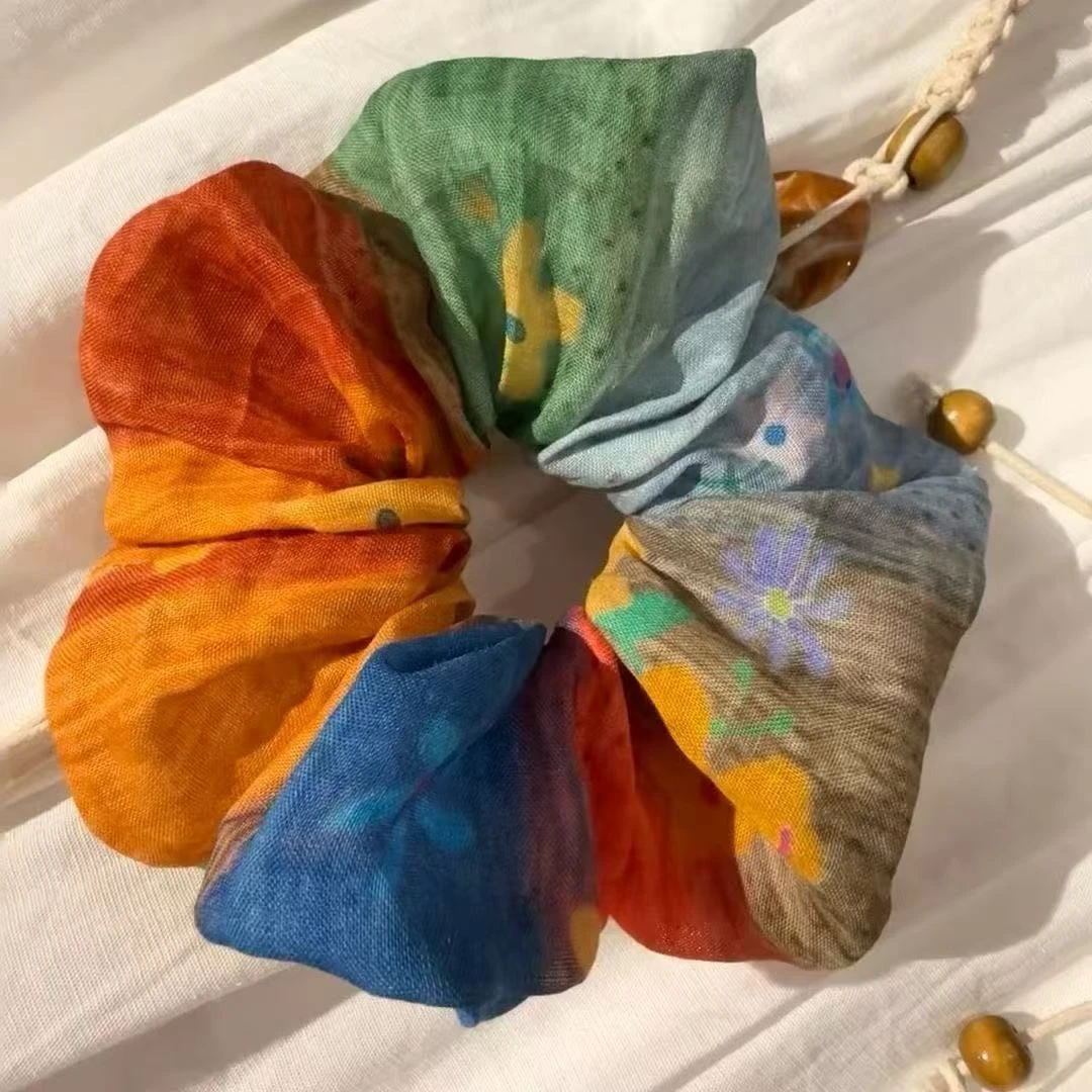 波西米亚风文艺复古原创不规则拼接苎麻手工大肠发圈绿蓝黄色发圈