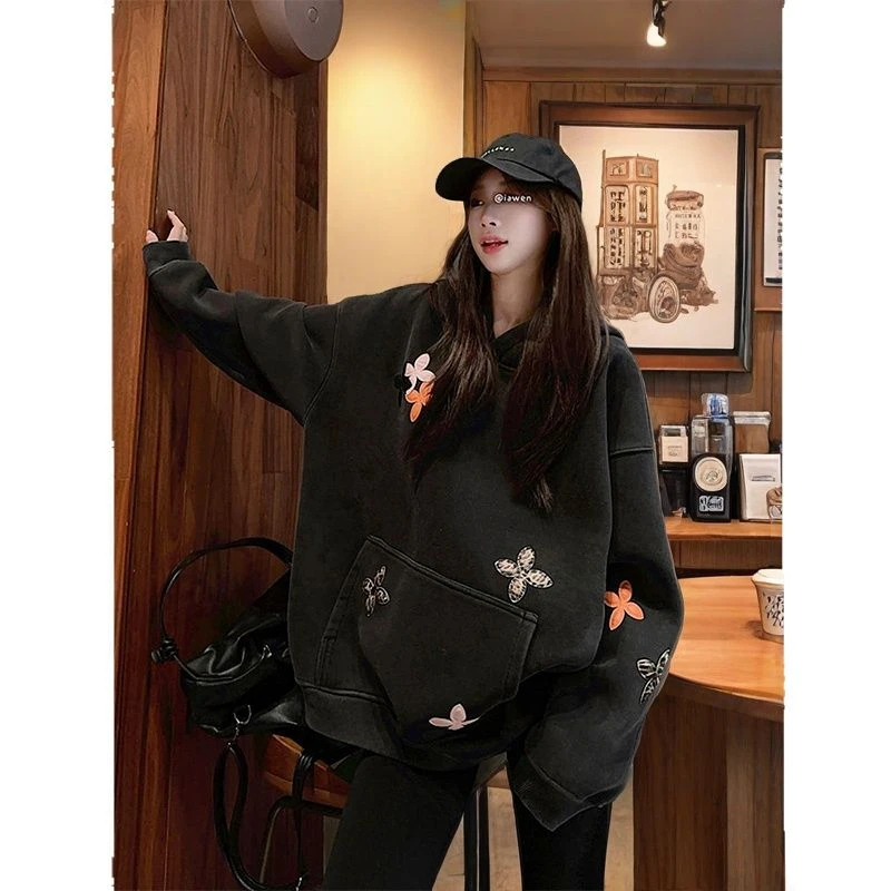 黑色美式重工贴皮刺绣连帽卫衣外套女冬季宽松加绒大码情侣上衣潮