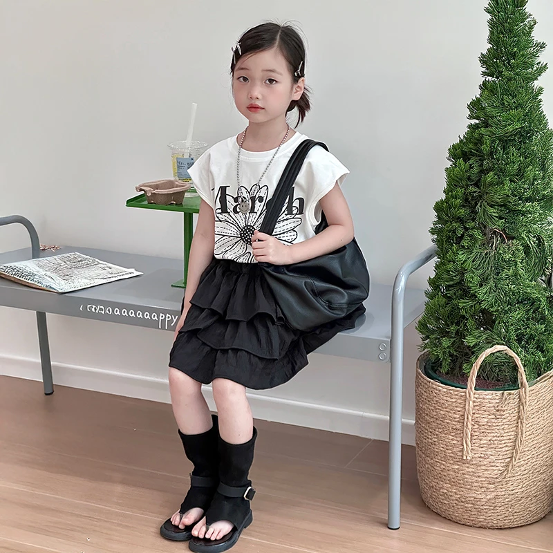 女童夏装套装2025新款女孩夏季韩系洋气短袖儿童黑色蛋糕裙两件套