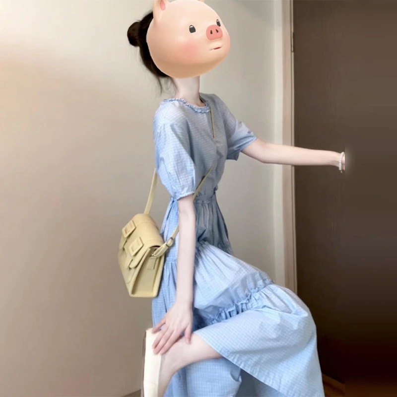 小个子蓝色衬衫连衣裙子女夏季2025新款爆款气质高级感掐腰长裙