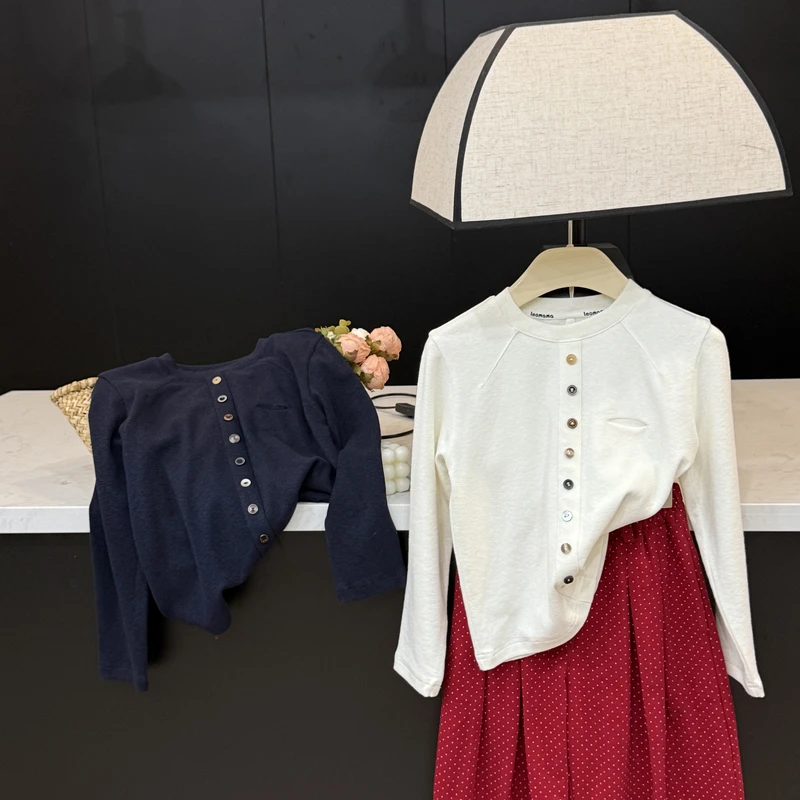 【现货】leomama女童彩扣长袖t恤秋季款时髦百搭上衣打底衫宝宝衣服