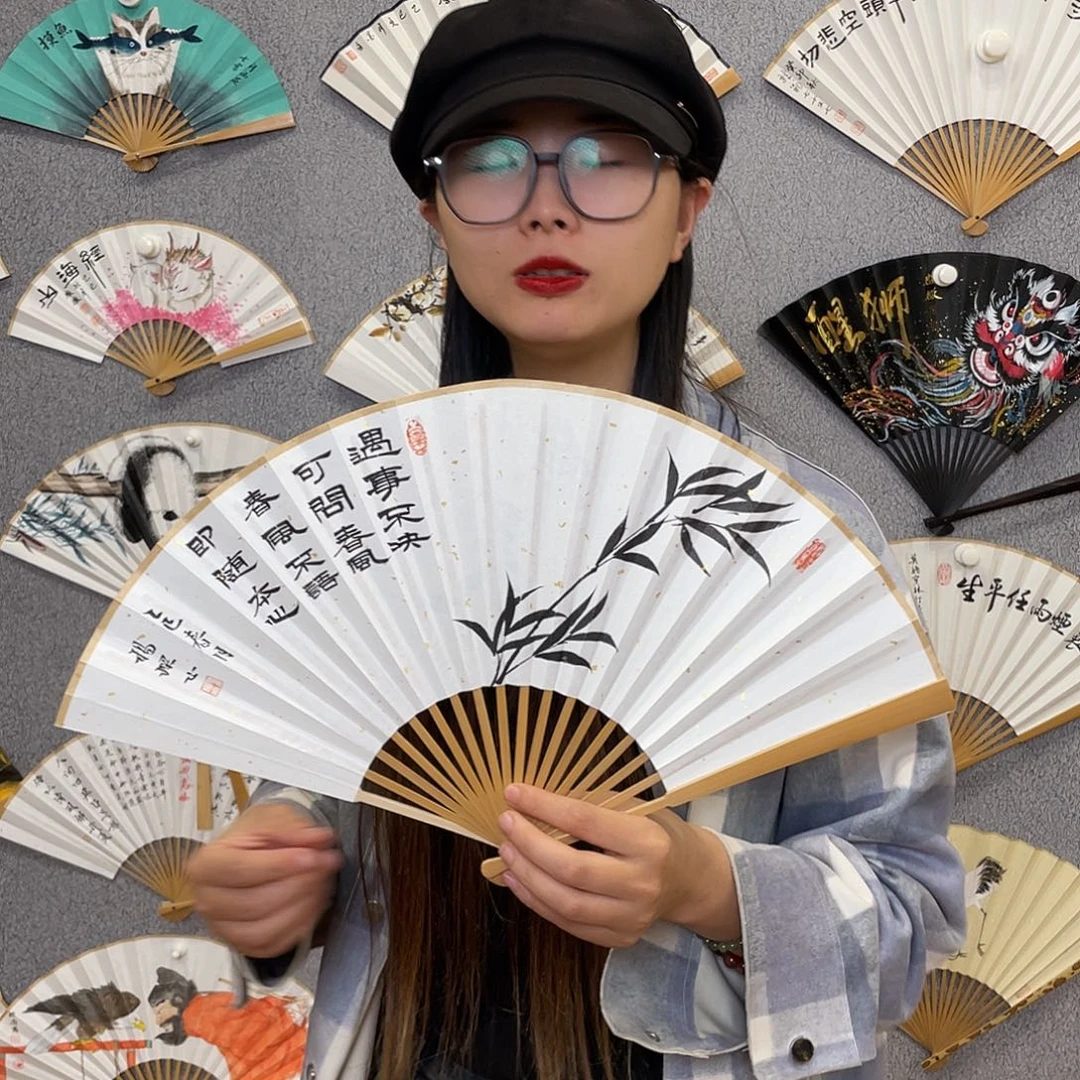 国画8寸玉竹-纯手绘-文玩扇骨（默认粘好）