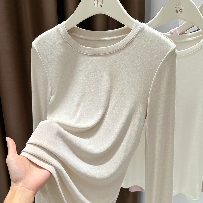 杏色圆领长袖套头上衣女秋季新款时尚内搭修身打底衫薄款T恤小衫