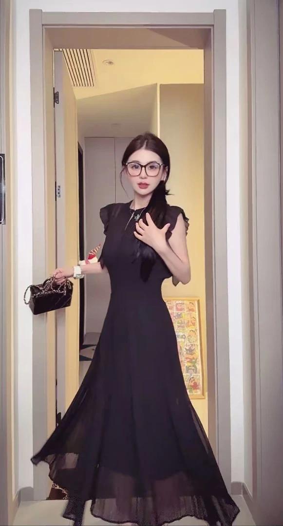 【媛媛专属】法式甜美风杏色小飞袖收腰显瘦夏季气质长裙连衣裙