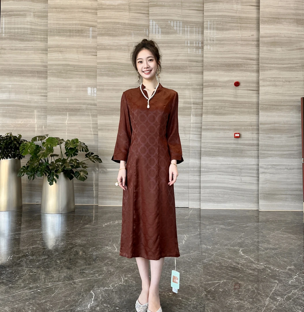 FSSIA蝶汐｜红云纱莨纱萝100桑蚕丝V领收腰显瘦旗袍连衣裙MG-8802