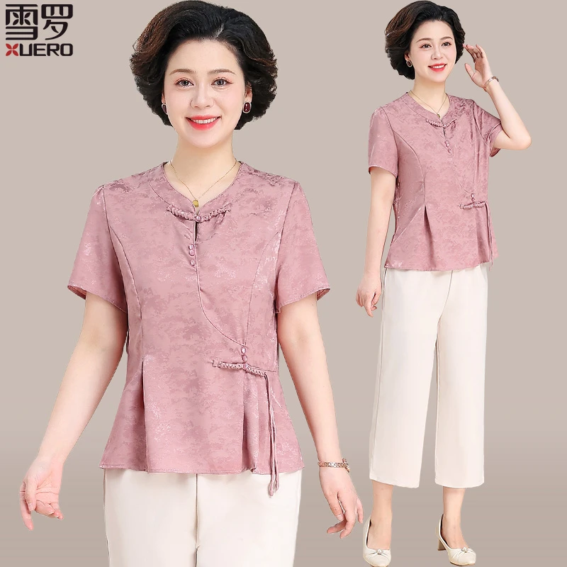 中年妈妈夏装套装国风短袖盘扣上衣中老年人女夏季提花小衫新中式