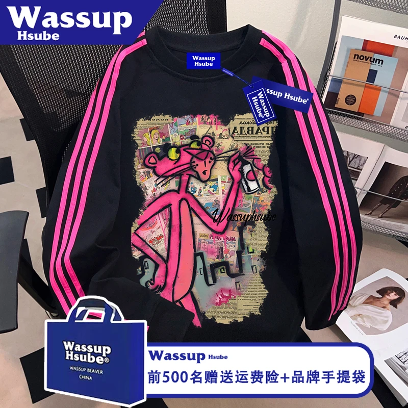WASSUP HSUBE慵懒粉红豹子印花上衣ins秋男女T恤100%棉三条杠长袖