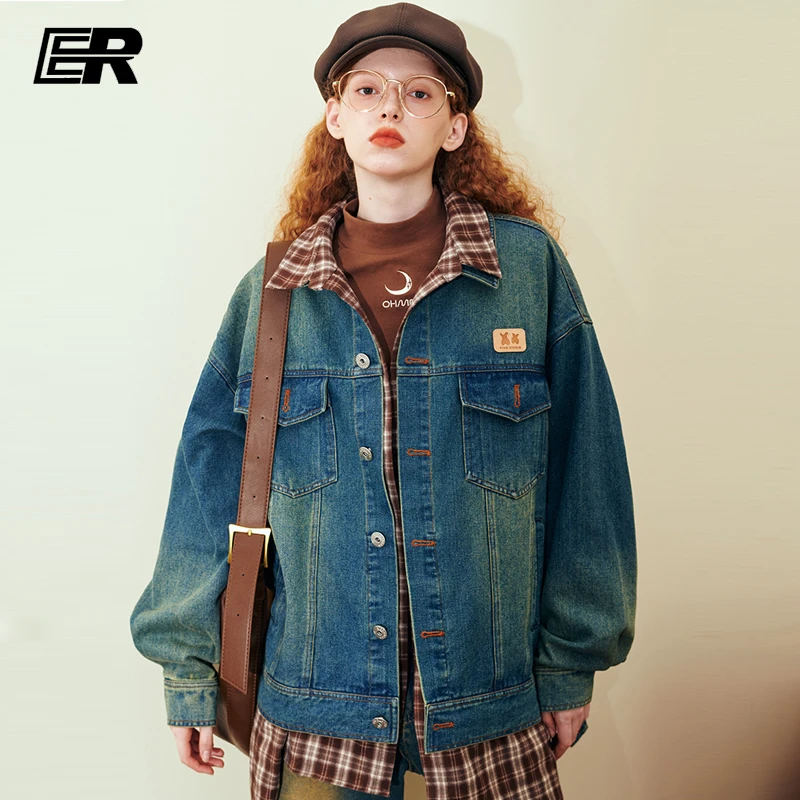 ER不规则下摆牛仔外套秋季设计感拼接格子衬衫美式复古假两件