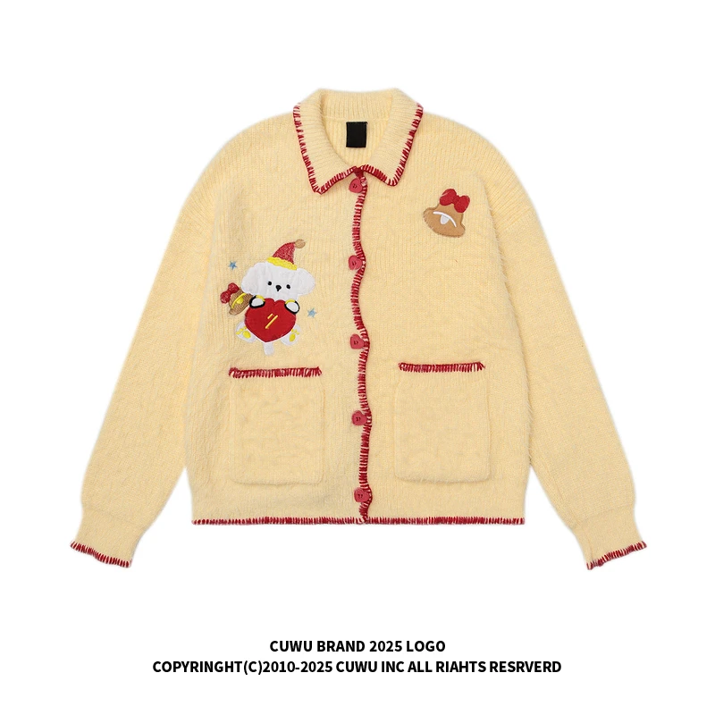 cuwu美式复古圣诞小狗刺绣翻领毛衣开衫女秋冬多巴胺短款针织外套