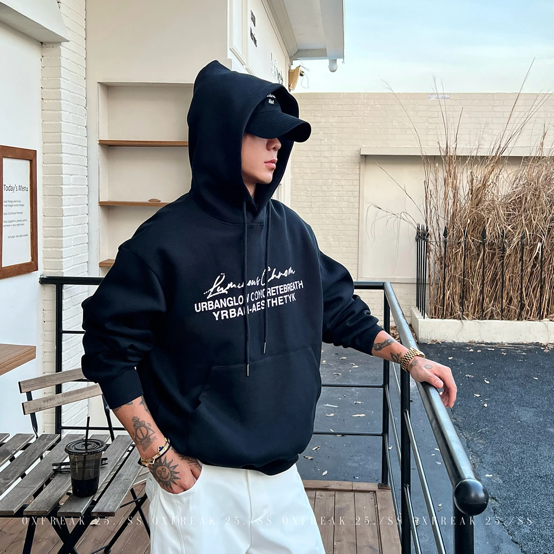 OXFREAK「磨破做旧字母印花」500g全棉重磅黑色卫衣男连帽情侣装