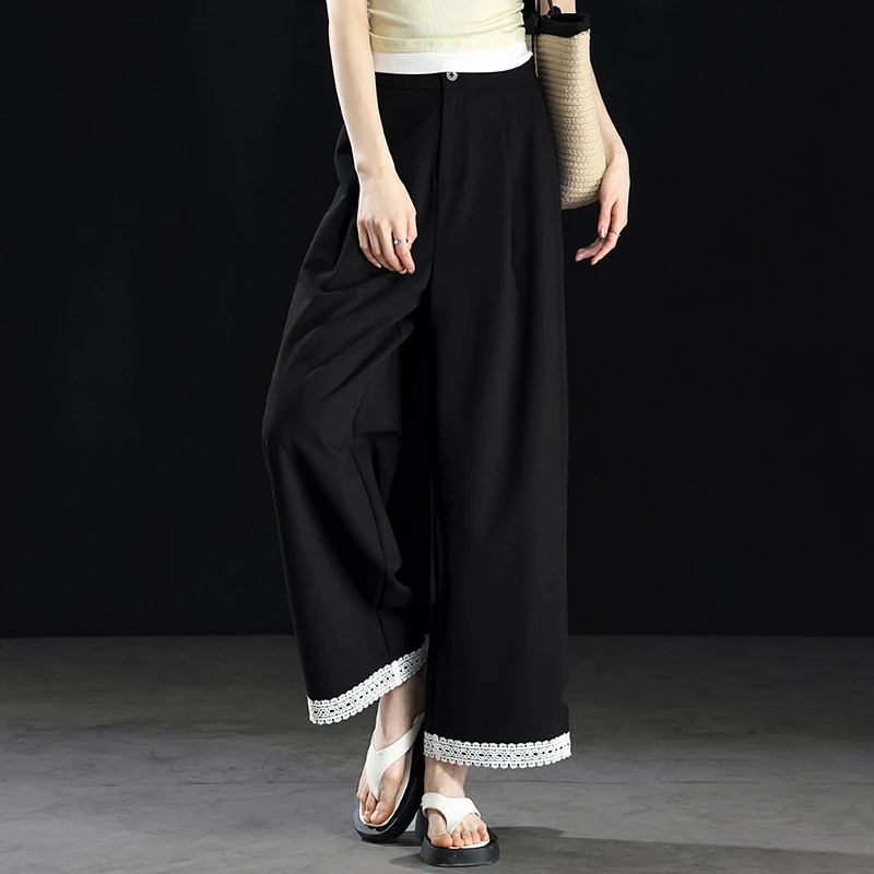 韩系复古气质休闲直筒裤女2025夏季宽松显瘦蕾丝拼接设计感阔腿裤