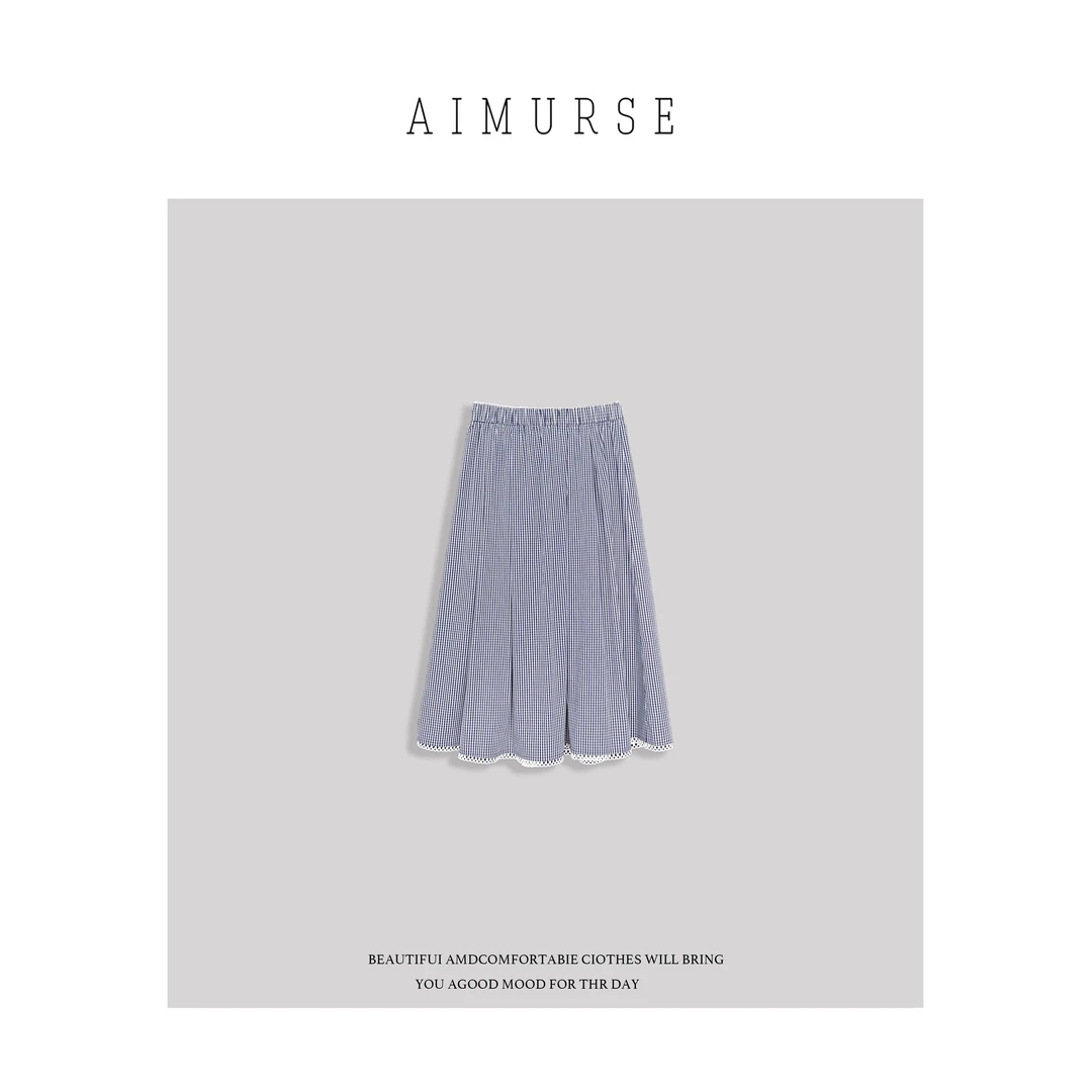 AIMURSE【青野】小众设计师 蓝白格子松紧腰显瘦百搭半身裙 AM6126