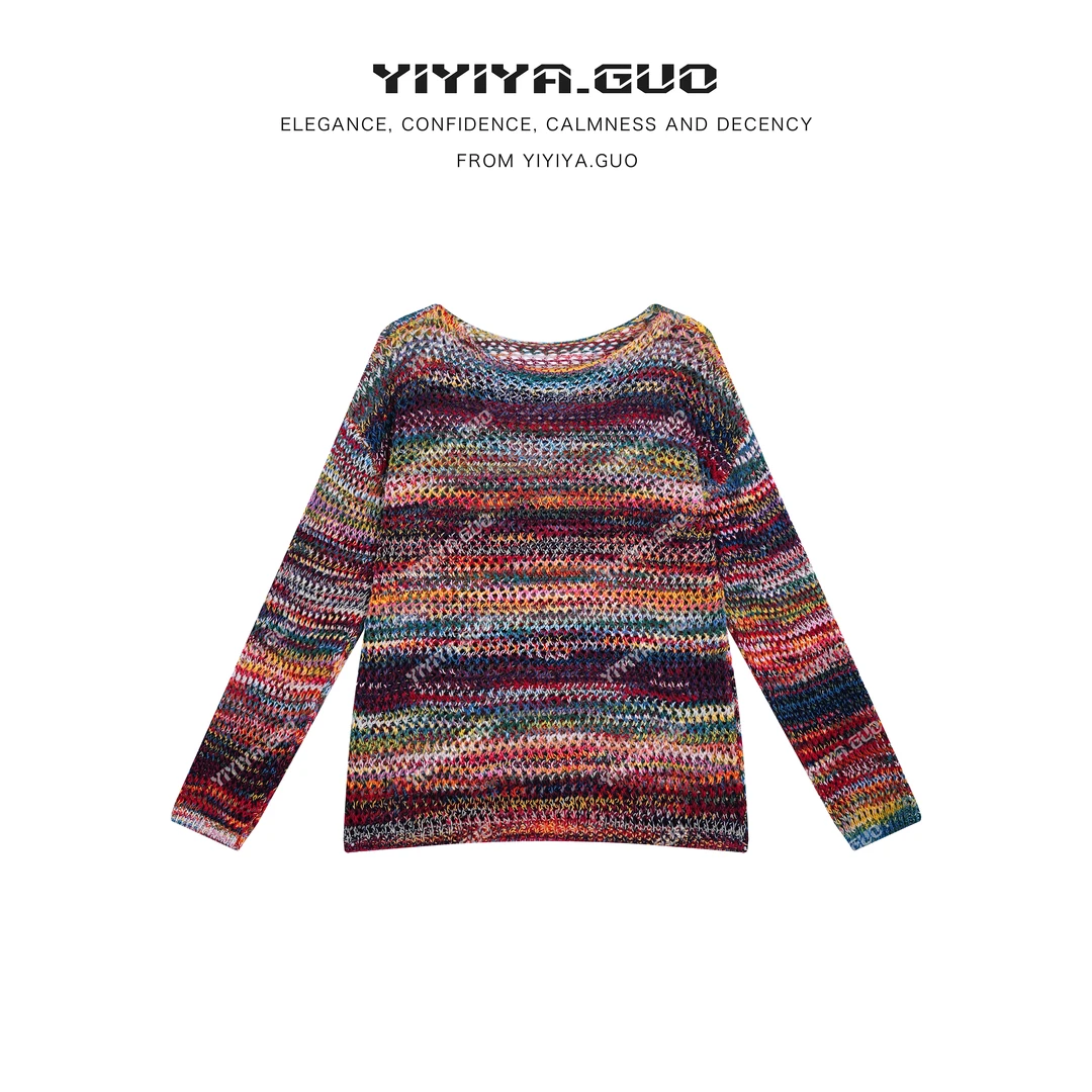 yiyiya.Guo艺艺吖【彩虹】秋冬新款镂空编织通勤圆领上衣080100SS52