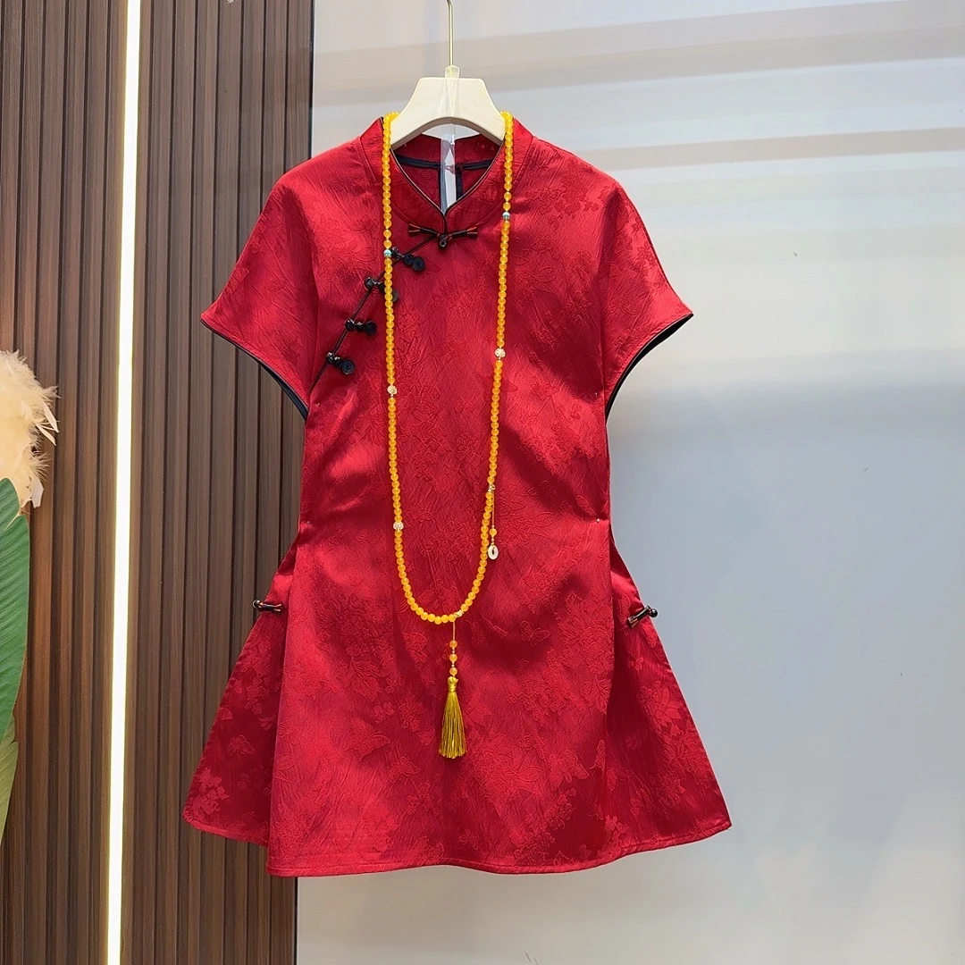 欧洲站夏季新中式连衣裙中国风提花透气气质修身复古纯色连衣裙女