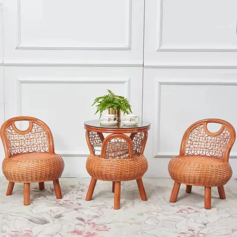 南瓜台真藤桌子+两张南瓜真藤椅手工客厅简约藤编阳台桌