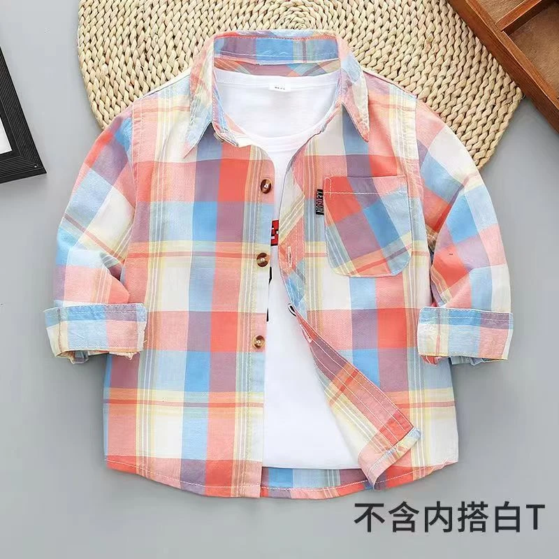 男童蓝格子长袖衬衫2024新款春秋装儿童衬衣小童潮宝宝上衣外套