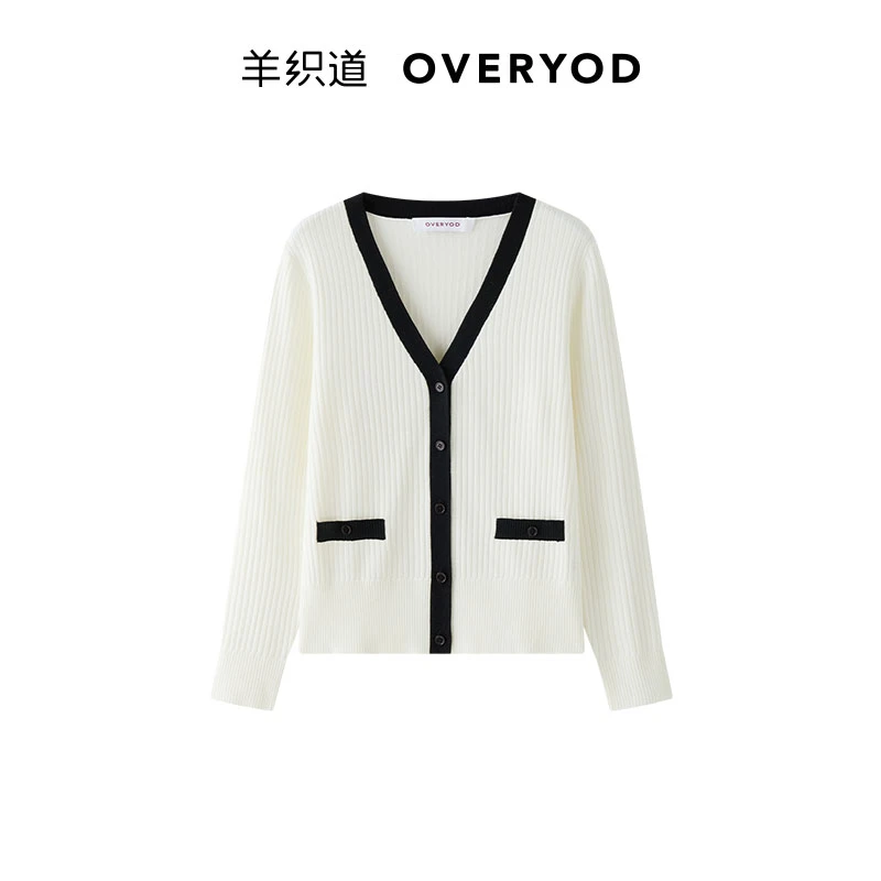 羊织道绿珀 2025年春季新款上衣羊毛衫针织衫V领撞色边长袖开衫