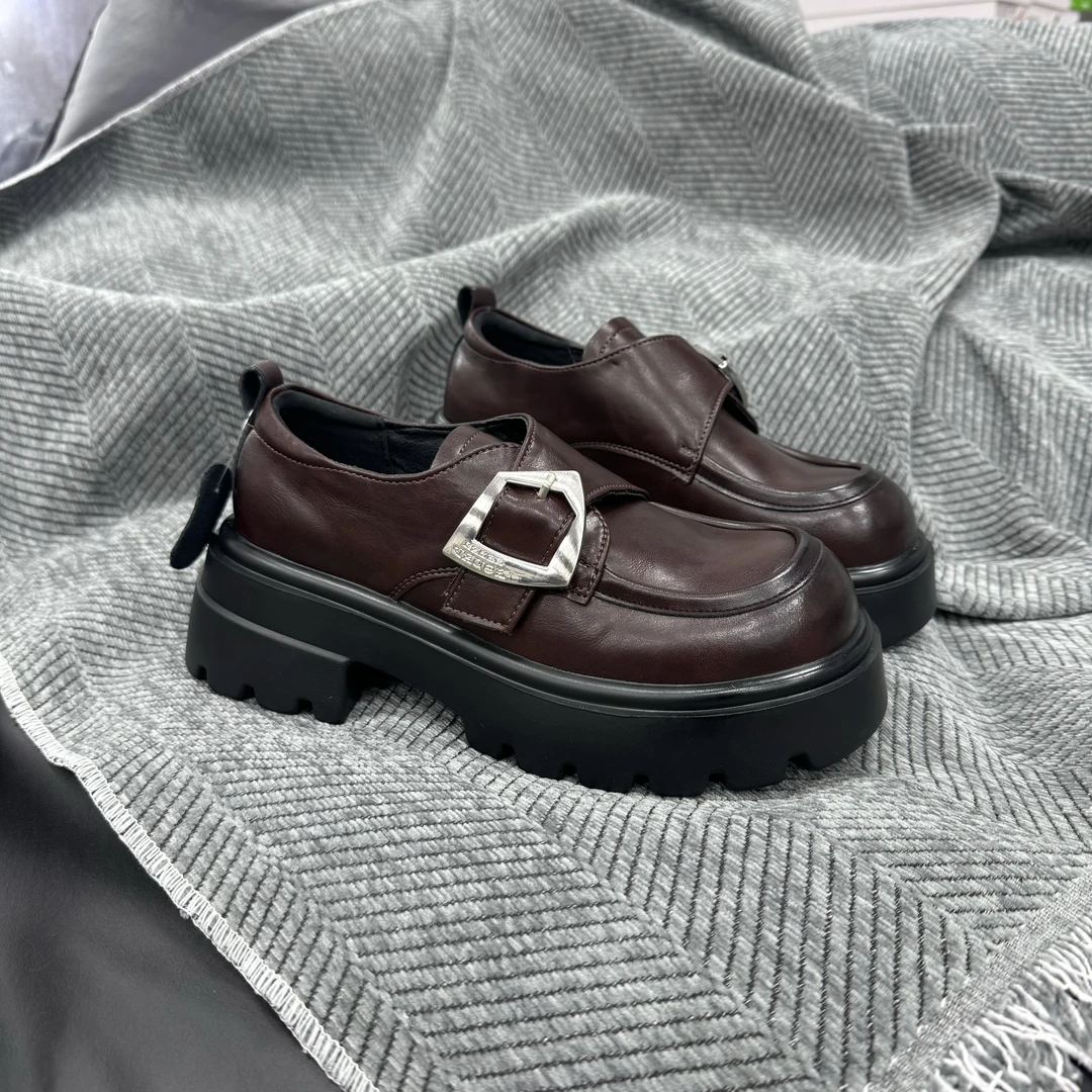 2375-3棕色厚底乐福鞋女款2025新款春秋英伦风小皮鞋小个子增高鞋
