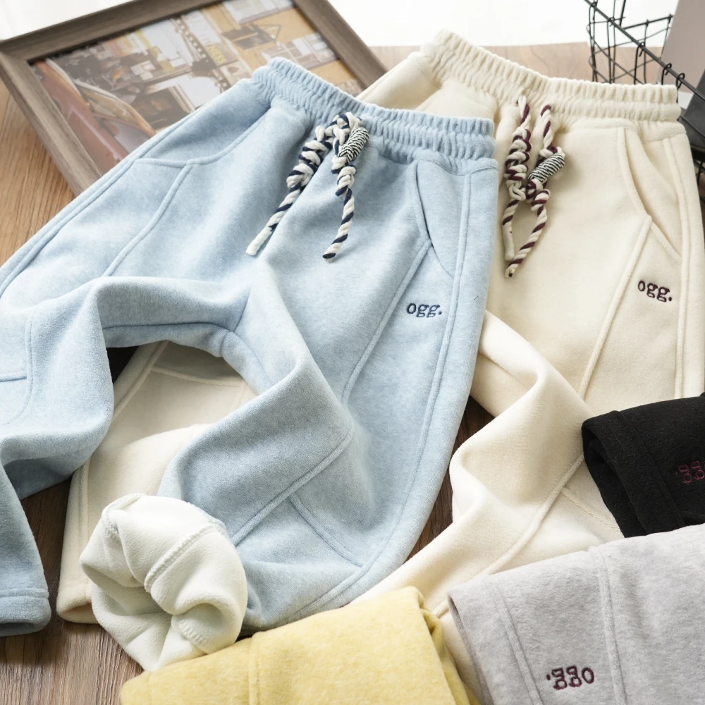 儿童冬季字母刺绣拼接抽绳加绒裤子中大童男童阔腿裤80871