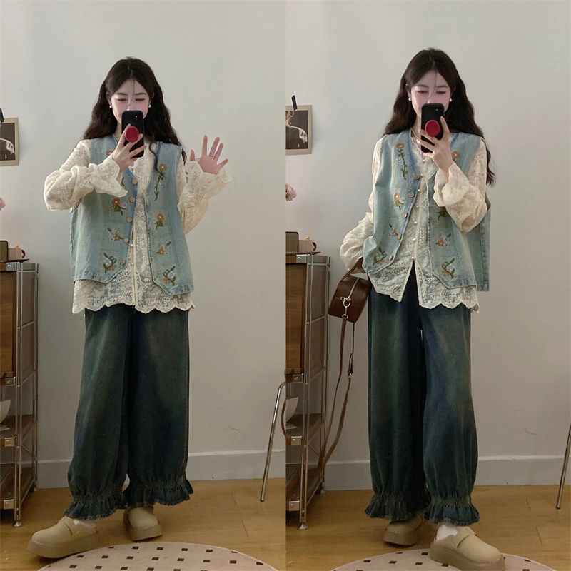 实拍大码~设计感马甲休闲打底衬衫显瘦牛仔裤三件套