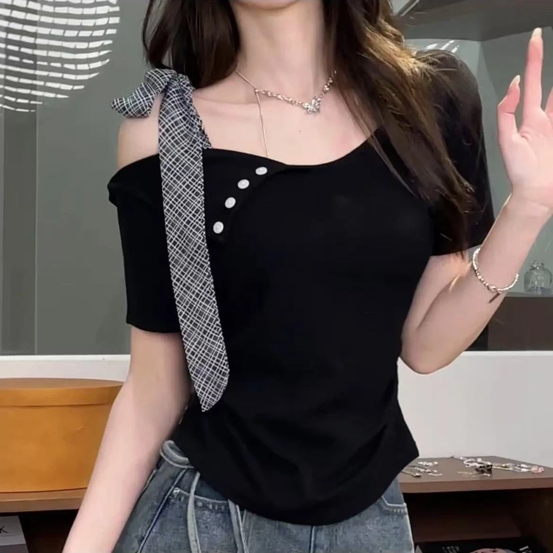 2025夏季新款甜美风不规则绑带蝴蝶结纽扣设计感修身短袖上衣ins