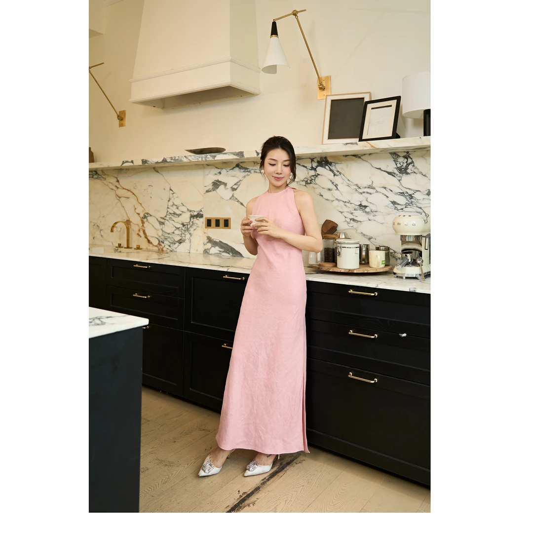 【余书】《不晚》森系小众唯美挂脖设计麻料收腰长款连衣裙Y303780