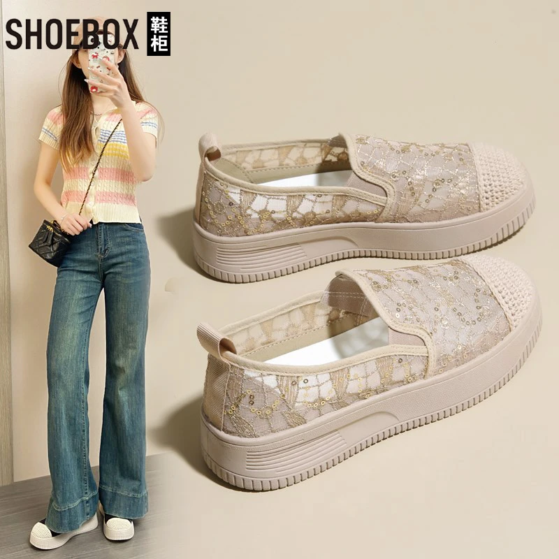 达芙妮集团小香风渔夫鞋女2025新款夏季镂空透气一脚蹬平底单鞋