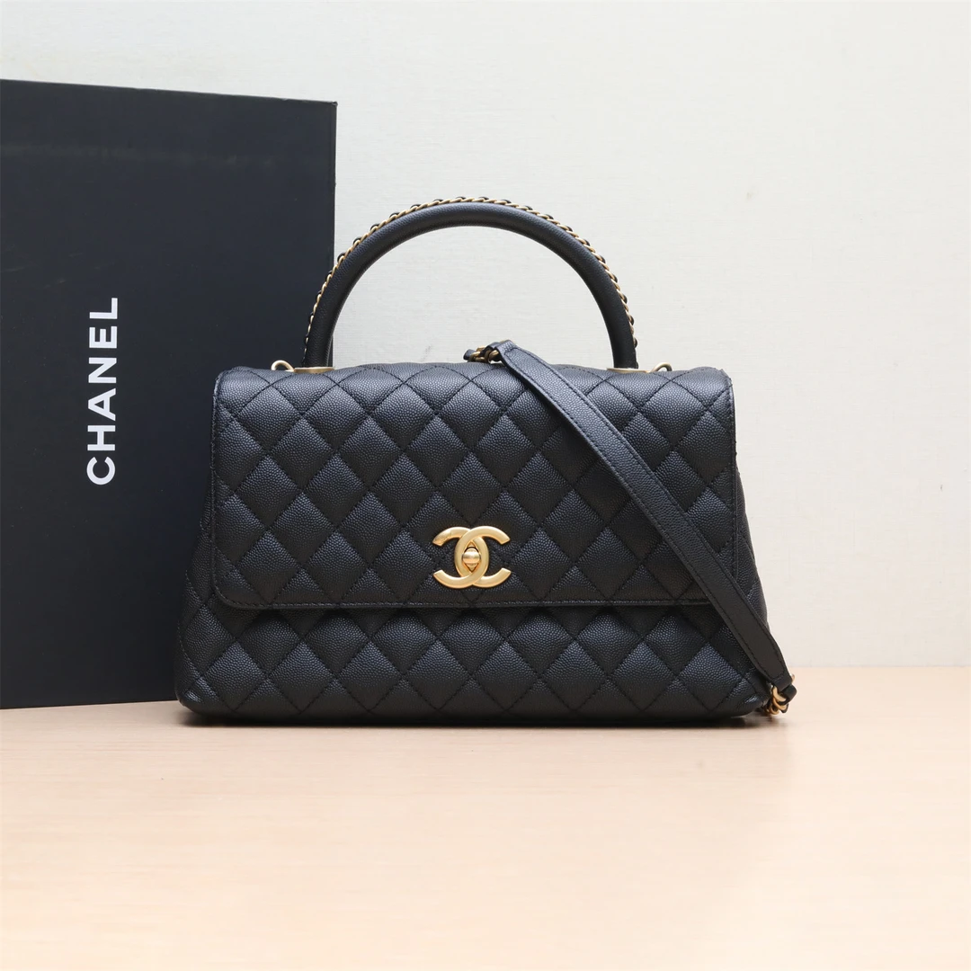 95新 Chanel/香奈儿 小花姑姑381831 23P Coco Handle中号 黑色包