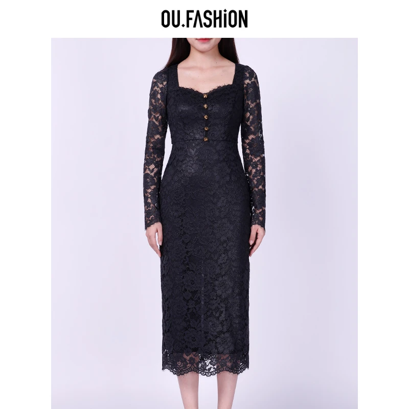 OU.FASHION/欧点长袖中长裙吊带高腰连衣裙优雅气质1122440106