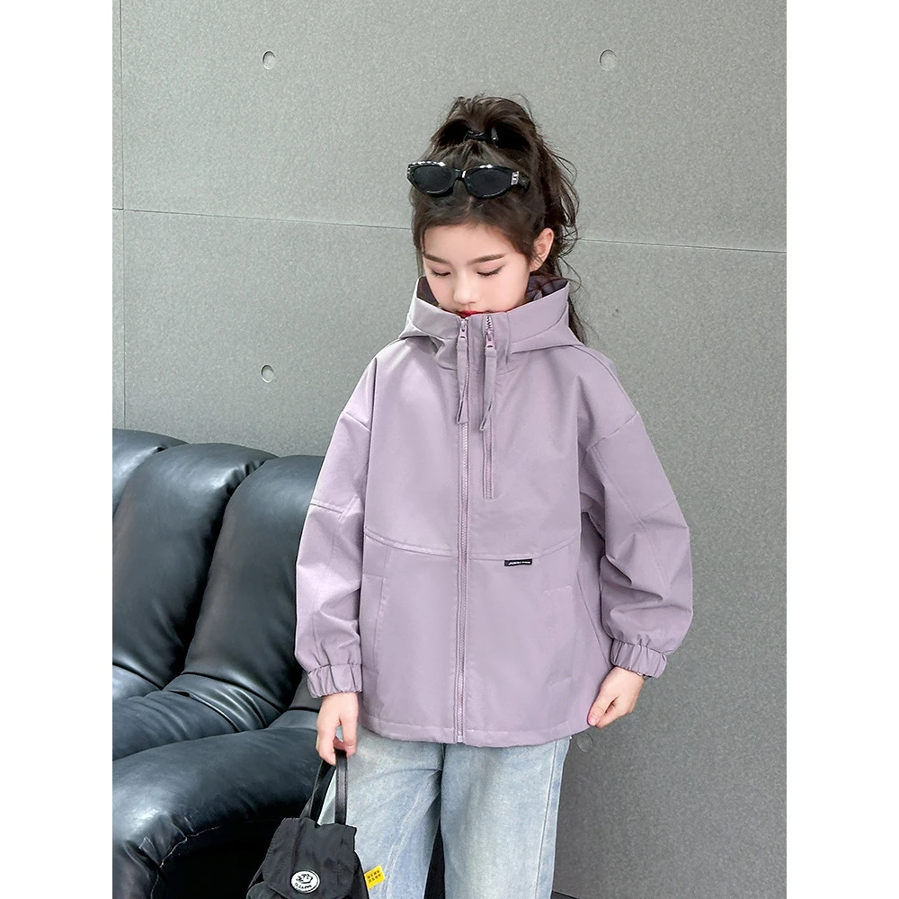 双拉链外套女童春秋装2025新款中大儿童时尚连帽酷飒风衣冲锋衣潮