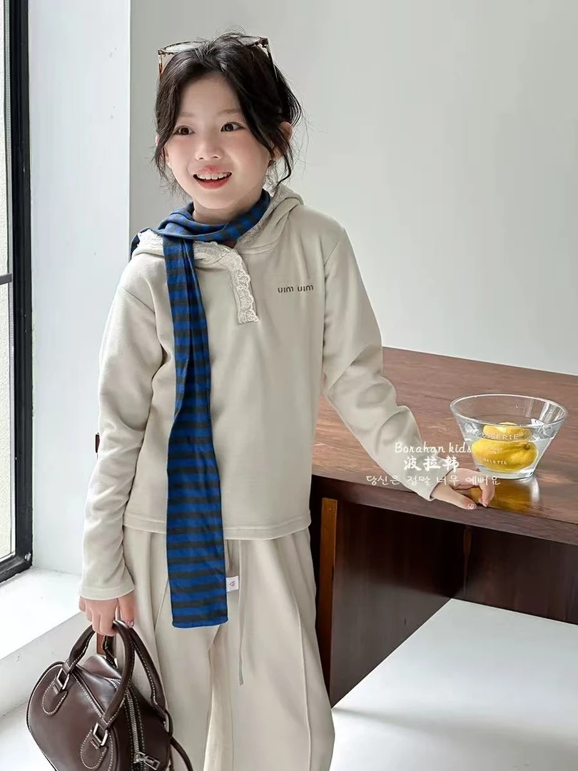 BORAHANKIDS提拉米苏-两件套2025秋季儿童蕾丝拼接卫衣直筒裤套装