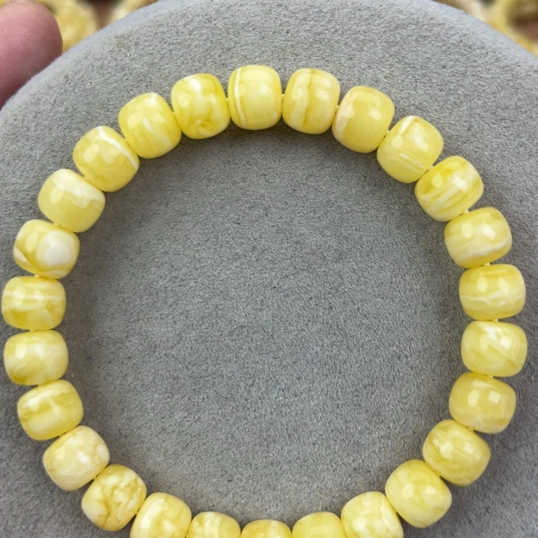 蜜蜡未镶嵌手串纯天然俄料瓷白花虎皮9*8腕口18+