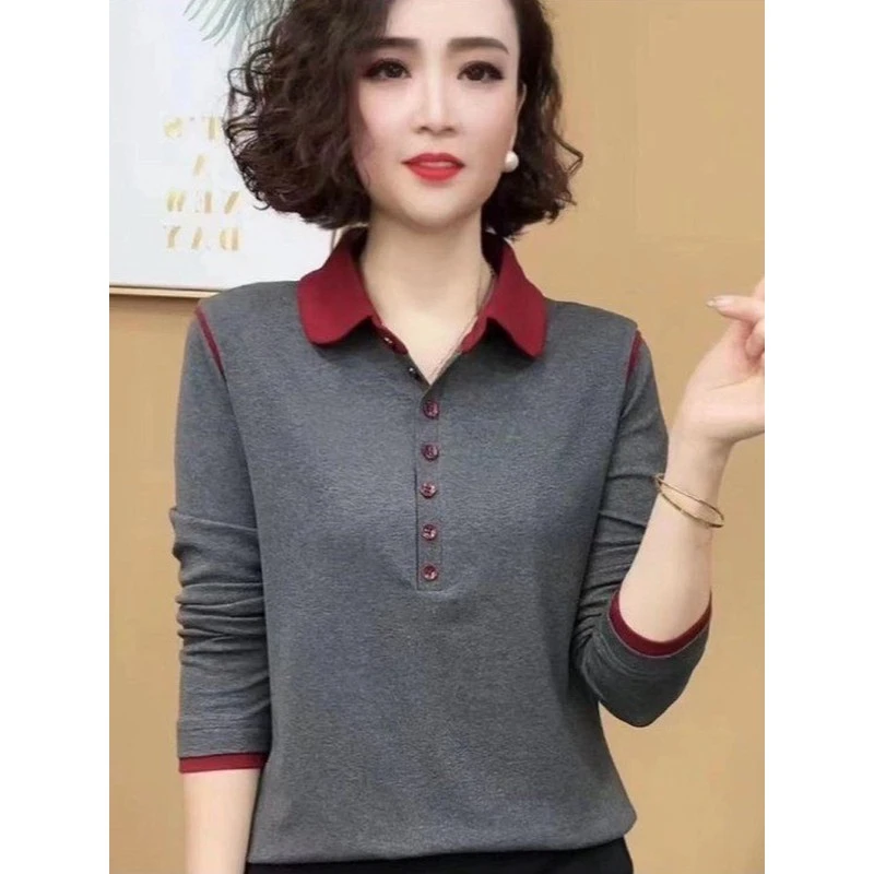 雅鹿优选2025春季新款时尚撞色娃娃领长袖翻领恤女显瘦百搭打底衫